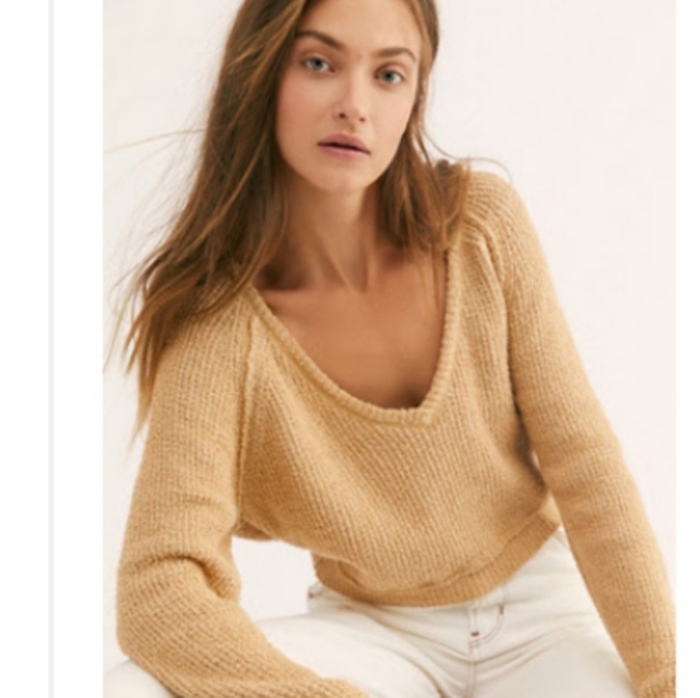 Free People Sweater V Neck Camel Tan Textured Knit‎